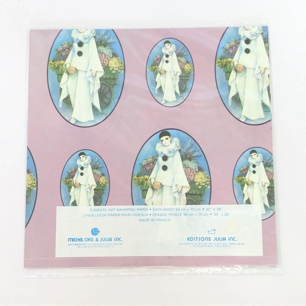 Vintage Mira Fujita Pierrot Mime Clown Gift Wrap Paper Sealed Michel Oks France